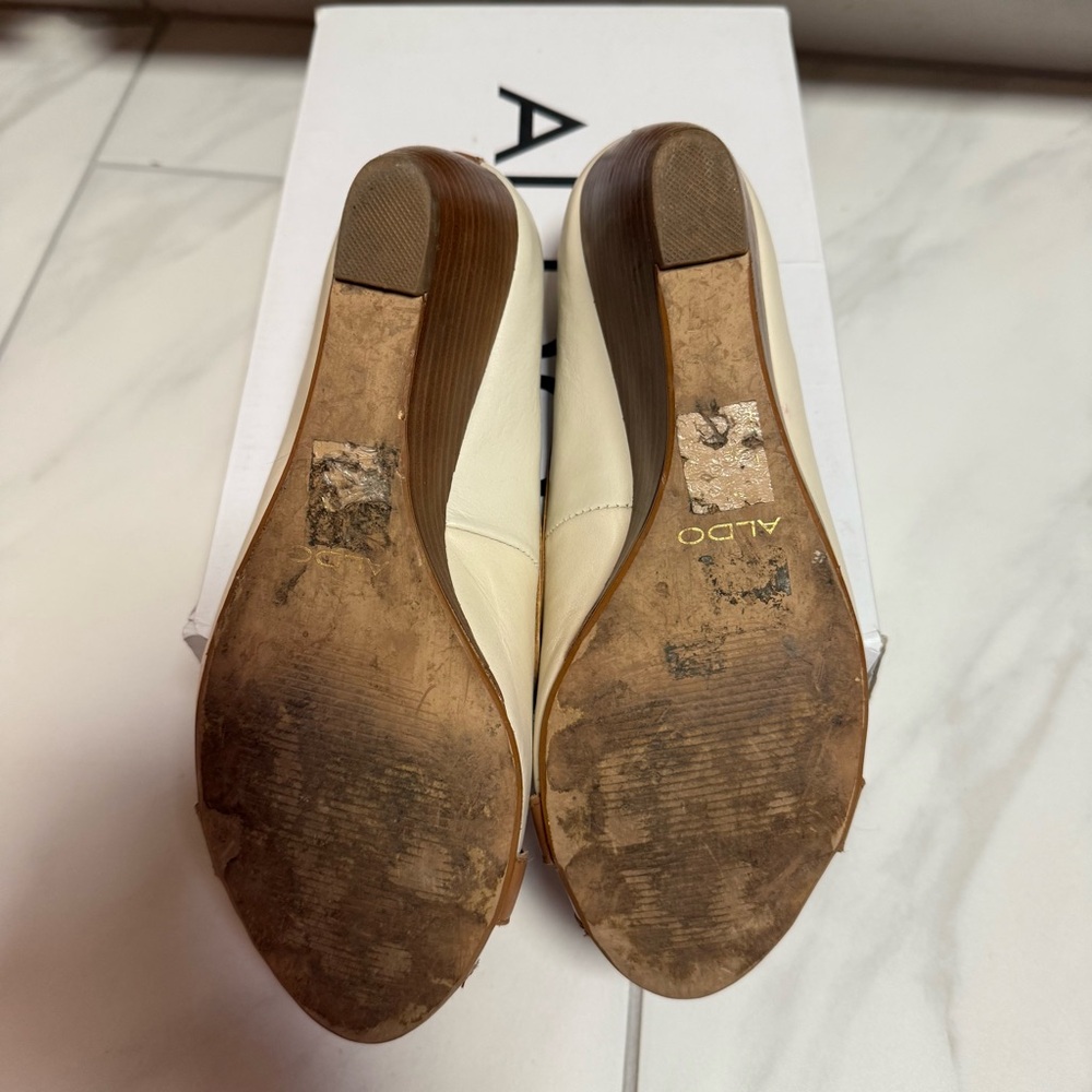 Aldo Cream And Tan Buckle Peep Toe Wedges - image 6